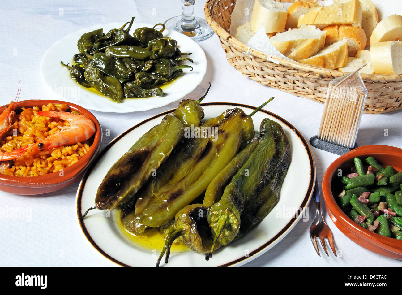 Tapas of Padron peppers, deep fried pointed peppers, seafood and pork