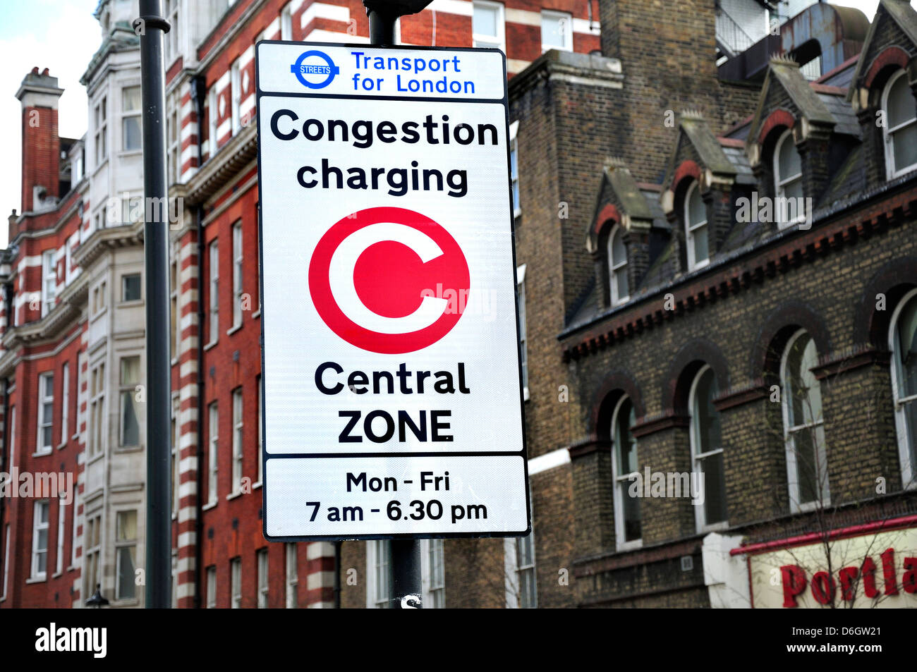 London, England, UK. Congestion charging sign in central zone Stock Photo