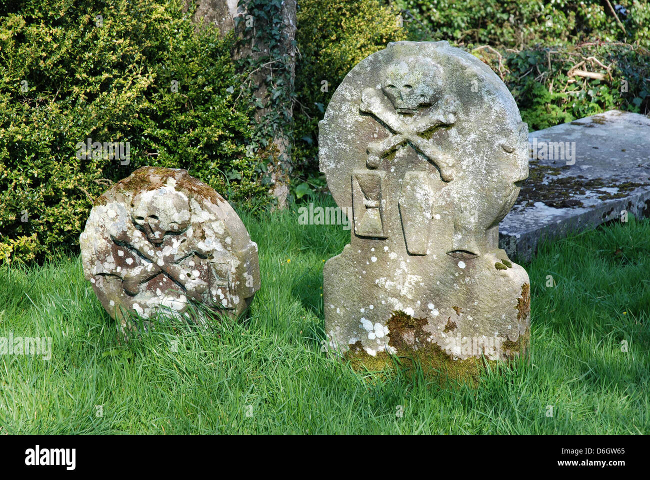 Galloon Island Cemetery with 18thC Skull and crossbones gravestone, Upper Lough Erne, County Fermanagh, Northern Ireland Stock Photo