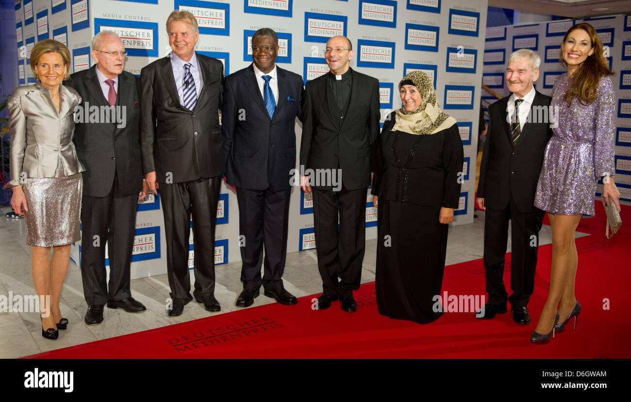 (L-R) Alexandra Baroness of Berlichingen, former German President Roman Herzog, prize donor Karlheinz Koegel, doctor Denis Mukwege from the Congo, Evangelical pastor Mitri Raheb, Afghanistan education expert Sakena Yacoobi and retired Russian lieutenant colonel Stanislav Petrov and his company arrive for the awards ceremony of the  German Media Prize 2011 at the Congress Center in  Stock Photo