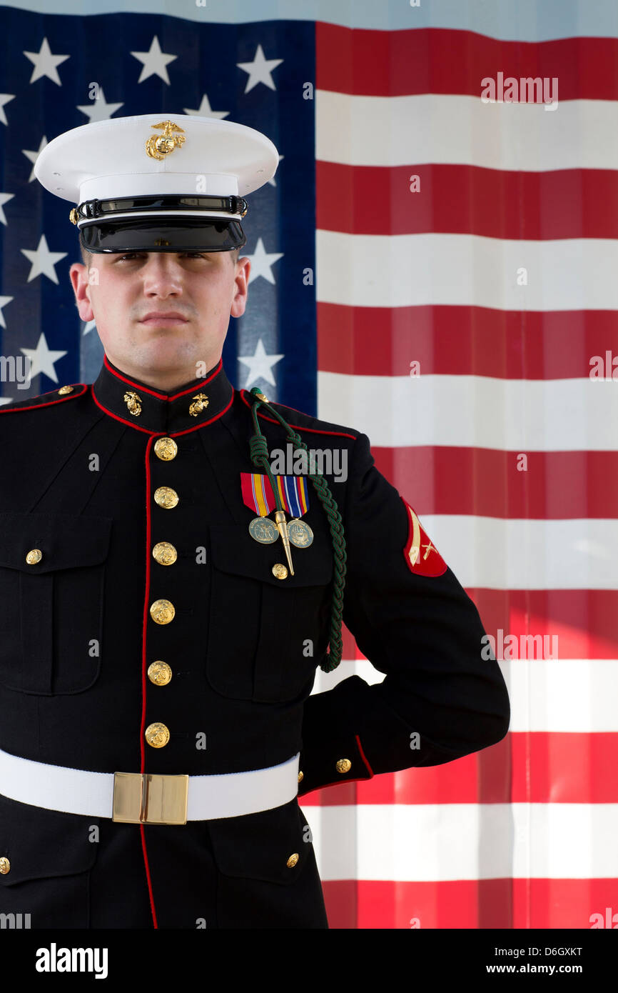 Serviceman in dress blues by US flag Stock Photo
