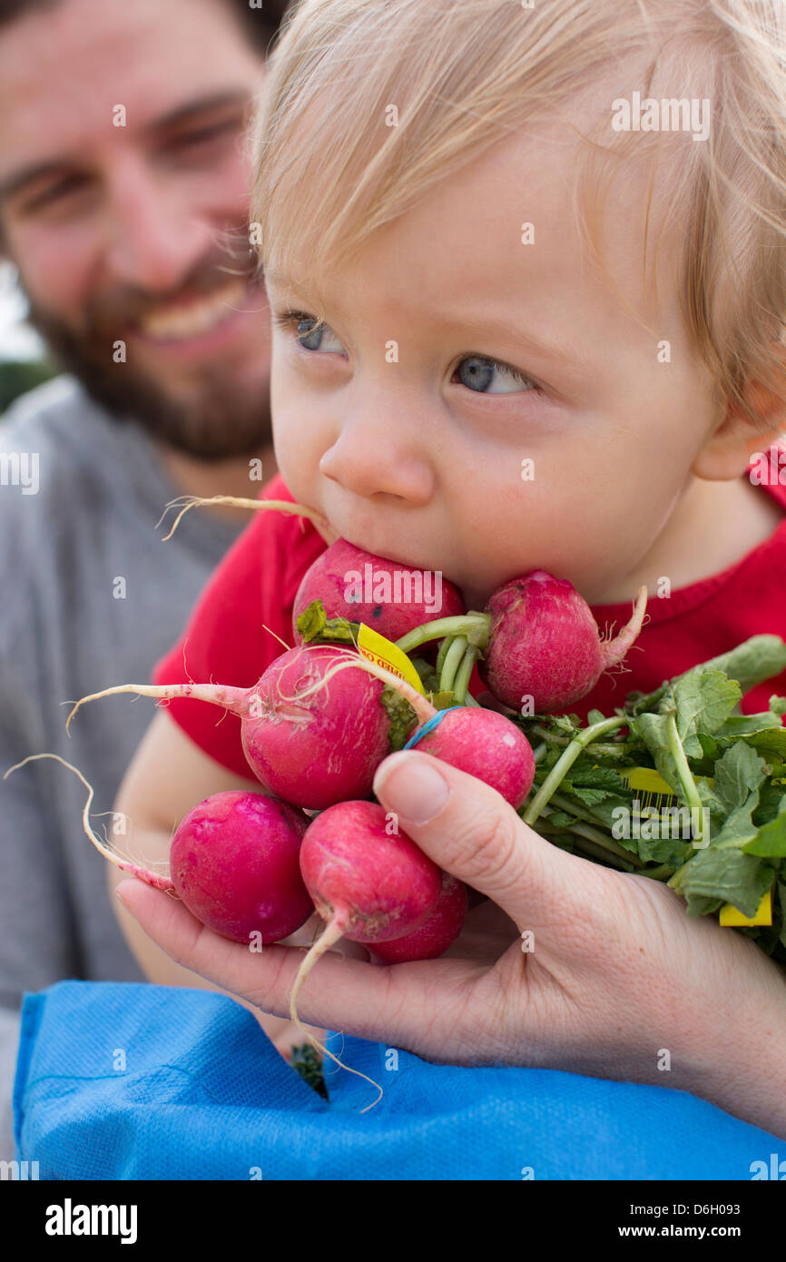Boy eating vegetables at farmer's market Stock Photo