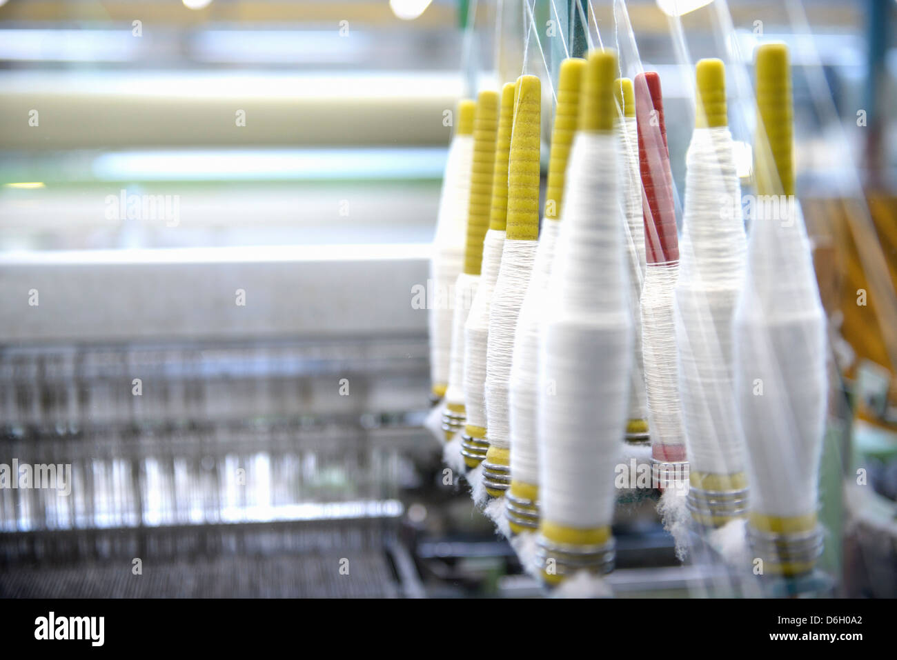 Bobbins of thread in loom in textile mill Stock Photo Alamy