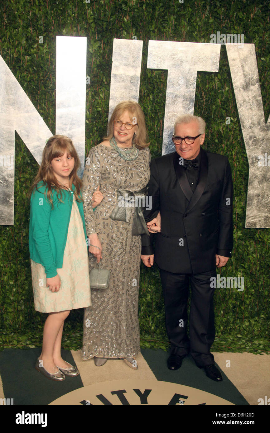 US Director Martin Scorsese, his daughter Francesca Scorsese and his wife Helen Morris attends the 2012 Vanity Fair Oscar Party at Sunset Tower in Los Angeles, USA, am 26 Februar 2012. Photo: Hubert Boesl Stock Photo