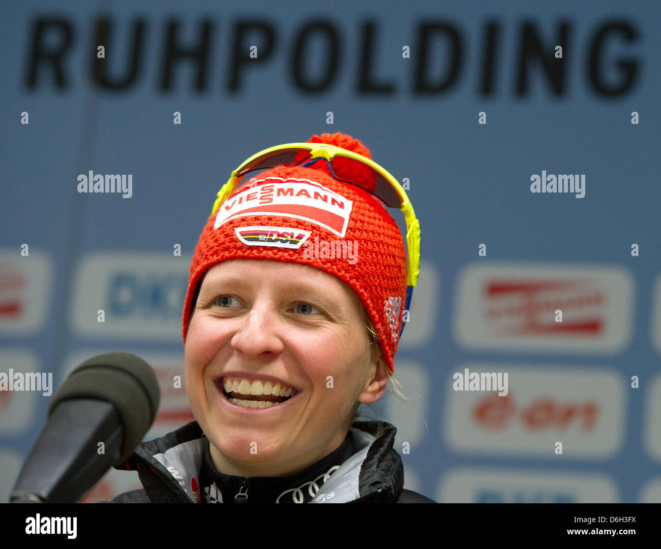 German biathlete Franziska Hildebrand attends a press conference in ...