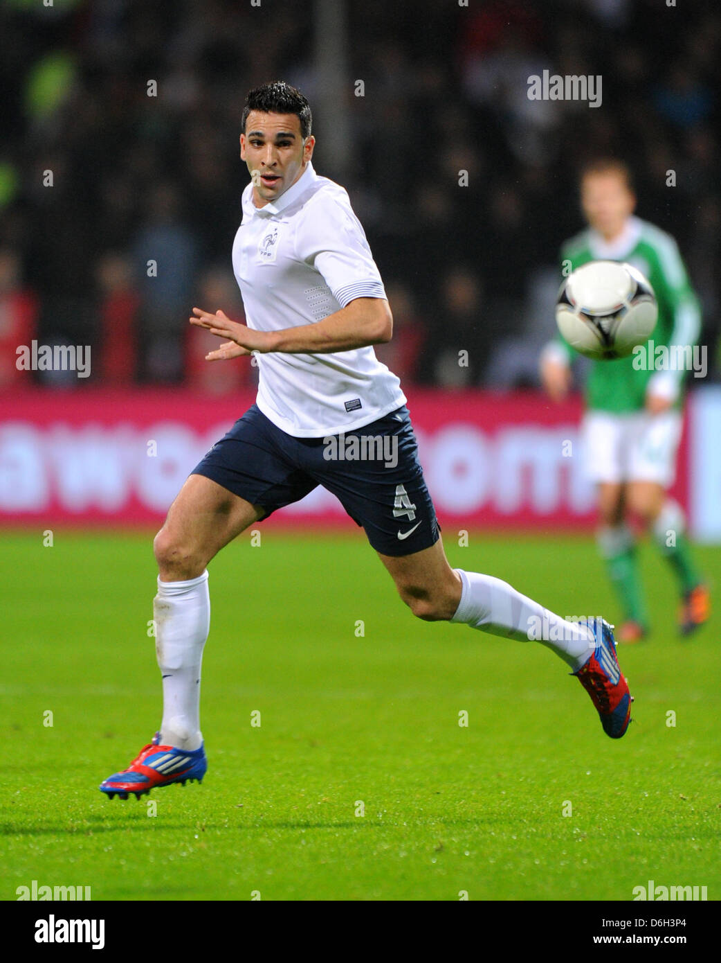France's Adil Rami plays the ball  during the international friendly soccer match Germany vs France at the Weser stadium in Bremen, Germany, 29 February 2012. Photo: Thomas Eisenhuth Stock Photo