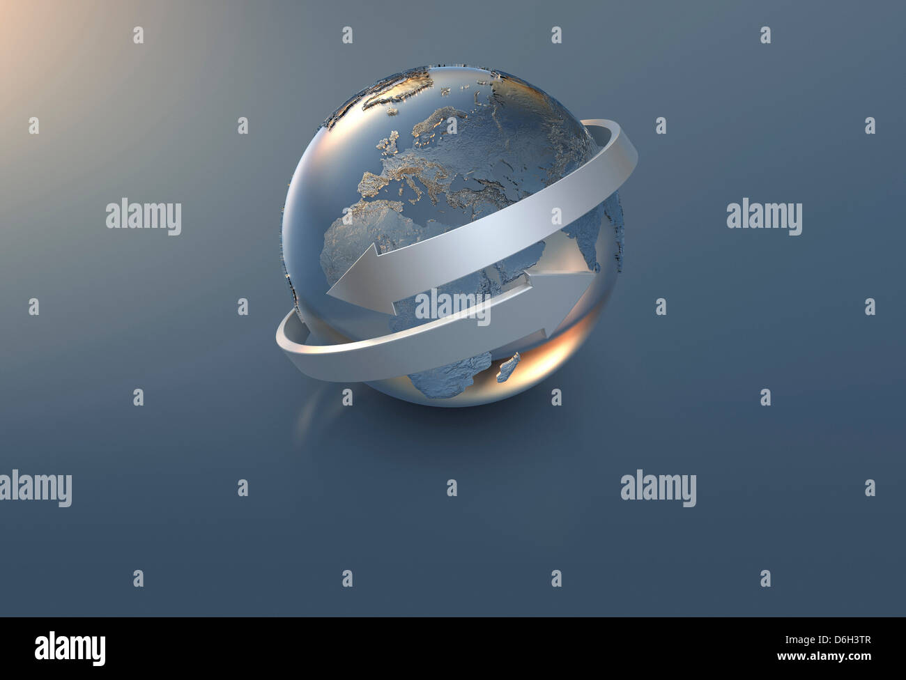 Illustration of arrows and silver globe Stock Photo