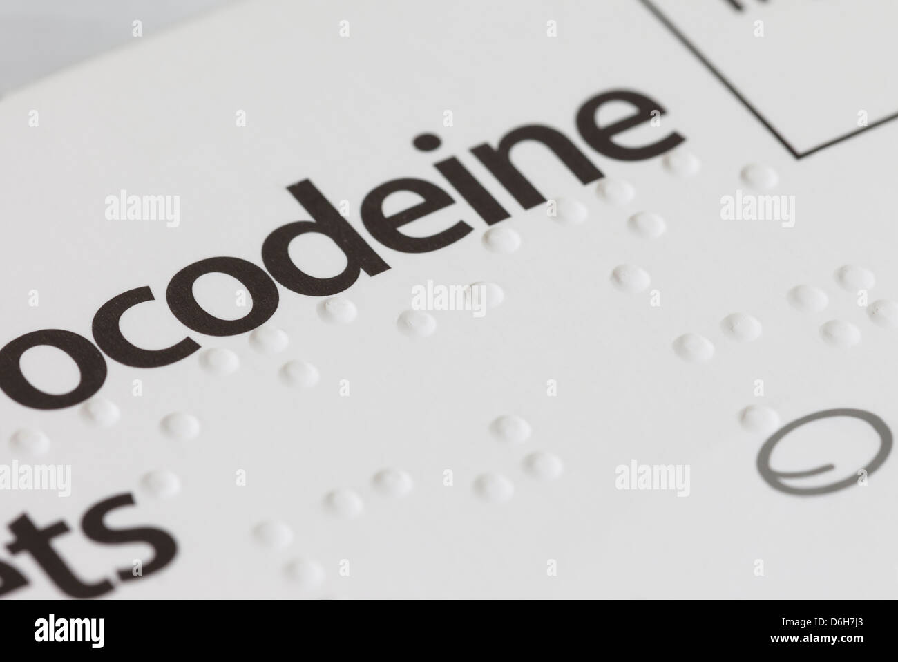 Codeine Based Painkillers with Braille Writing on the Packet Stock Photo