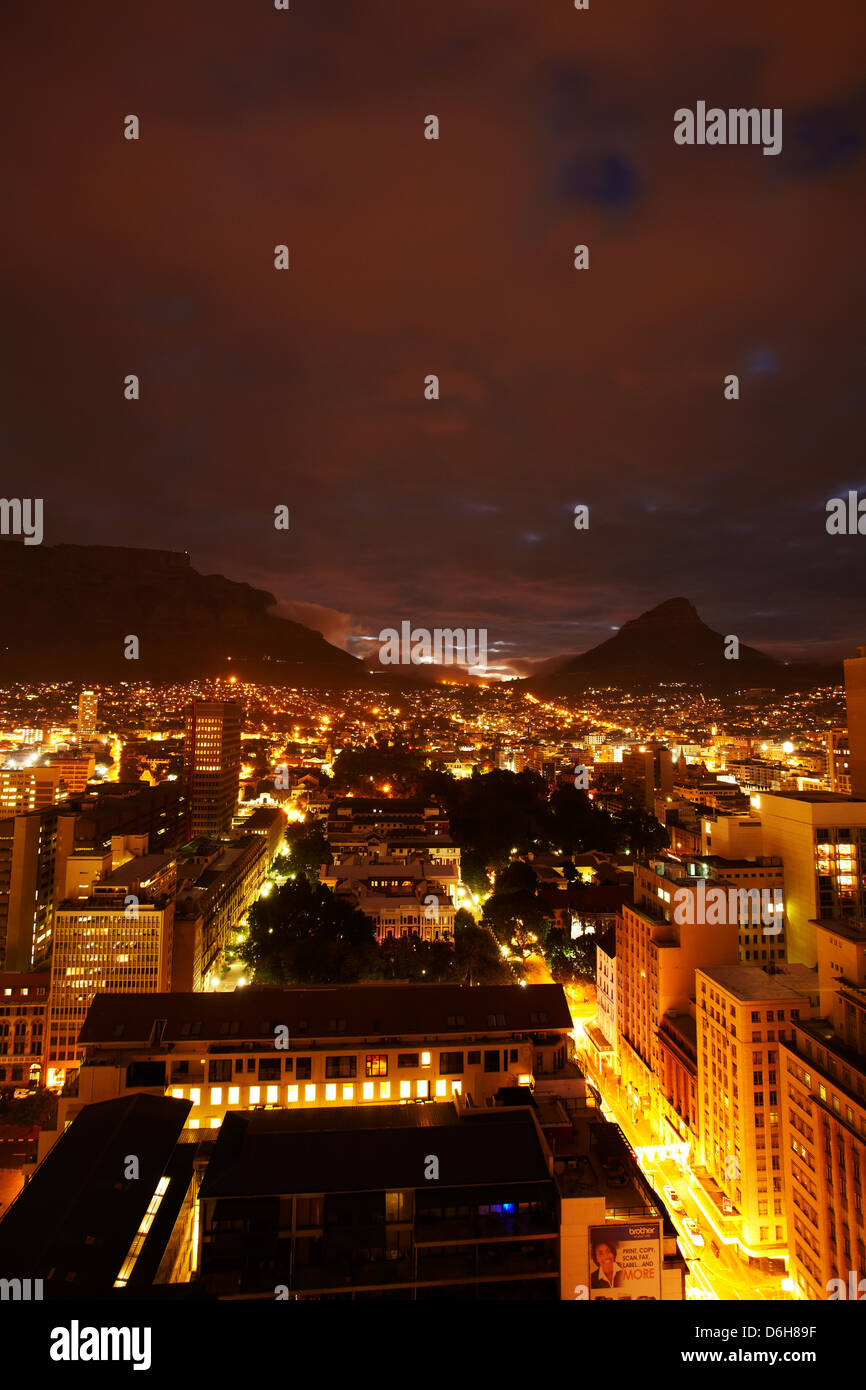 Cape Town CBD, Table Mountain, and Lion's Head at dusk, Cape Town, South Africa Stock Photo