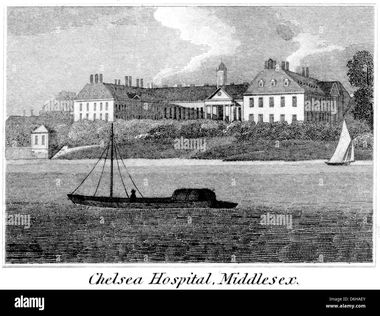 An engraving entitled ' Chelsea Hospital, Middlesex ' scanned at high resolution from a book published in 1825. Stock Photo