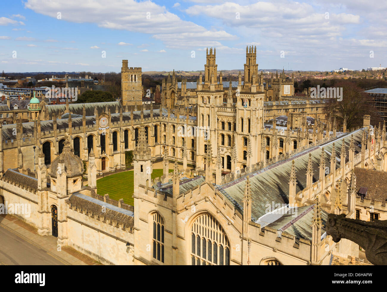 High view of All Souls College with Hawksmoor towers overlooking the quadrangle. Oxford, Oxfordshire, England, UK, Great Britain Stock Photo