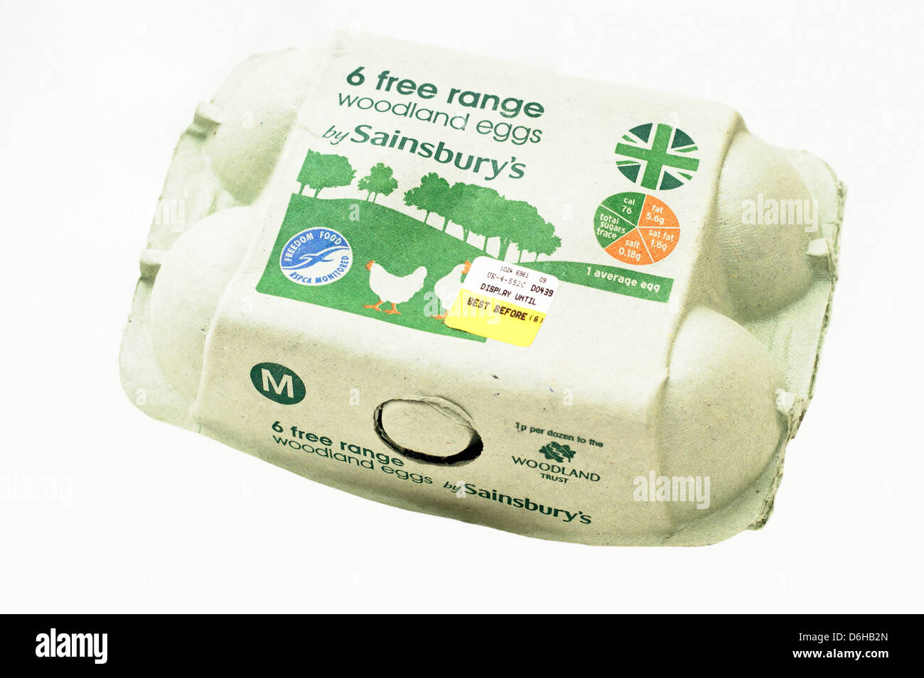 A box of Sainsbury's woodland free eggs with logos of traffic lights system British symbol & RSPCA freedom food monitored Stock Photo