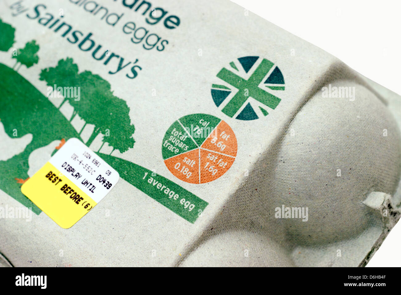 A box of Sainsbury's woodland free eggs with logos of traffic lights ...