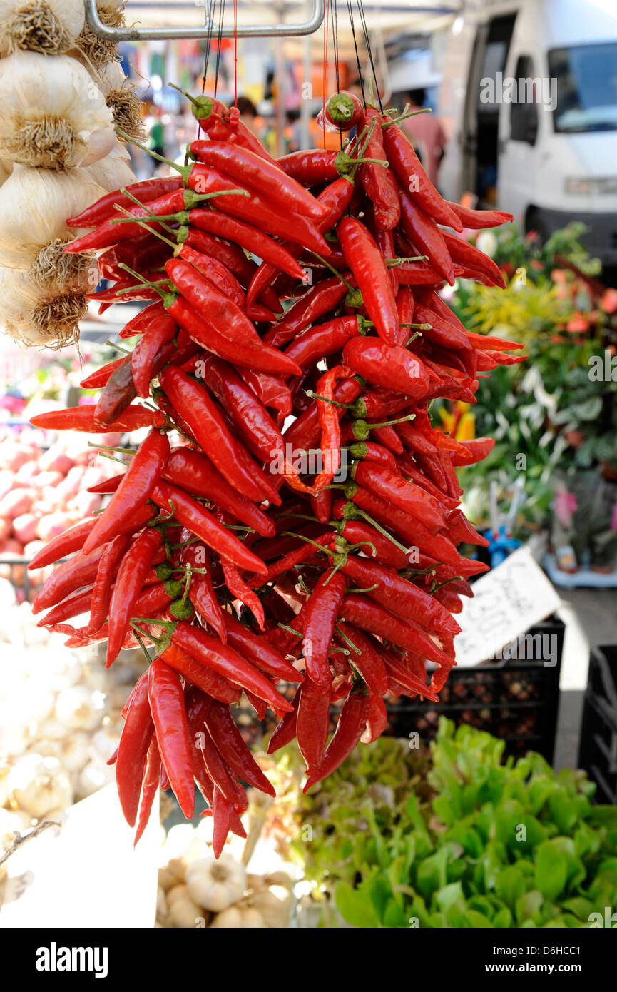 Spicy hot chillis for sale in Italian market , Italy Stock Photo