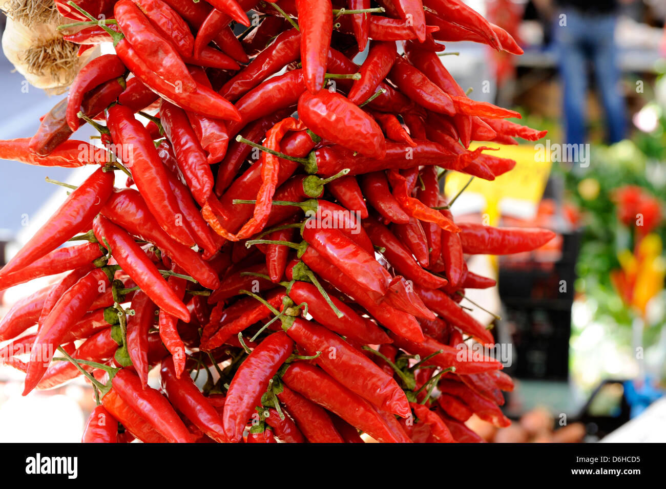Spicy hot chillis for sale in Italian market , Italy Stock Photo