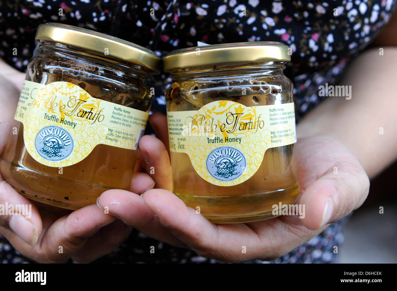 Truffle Honey for sale in an Italian market, Tuscany, Italy Stock Photo