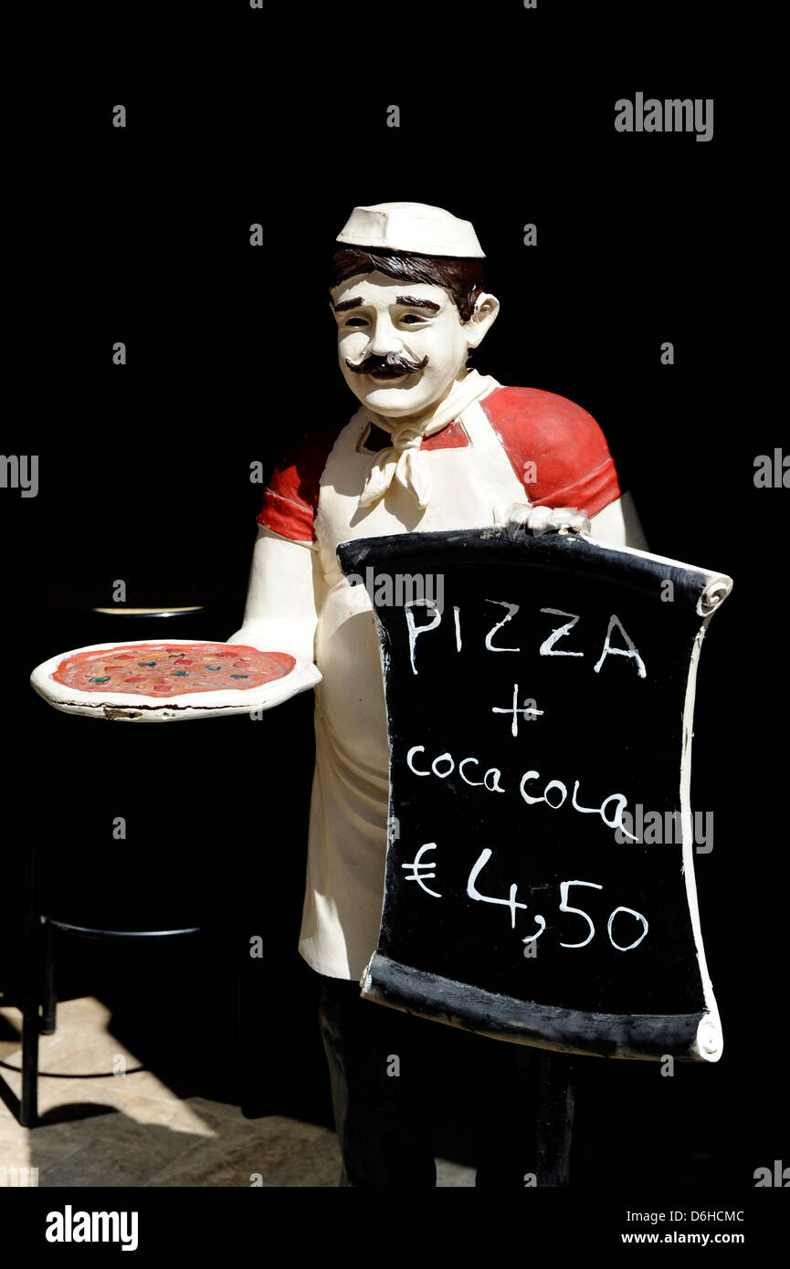 Pizza restaurant food menu on billboard outside, Italy Stock Photo