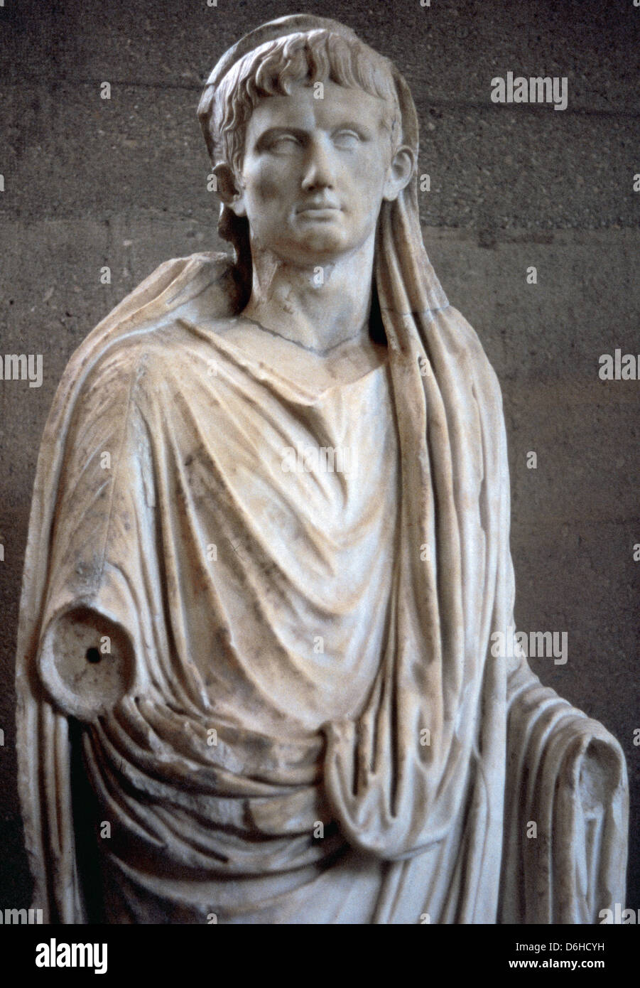 Augustus (63 BC-14 AD). First Roman Emperor. Statue as Pontifex Maximus. Archaeological Museum of Corinth. Greece. Stock Photo