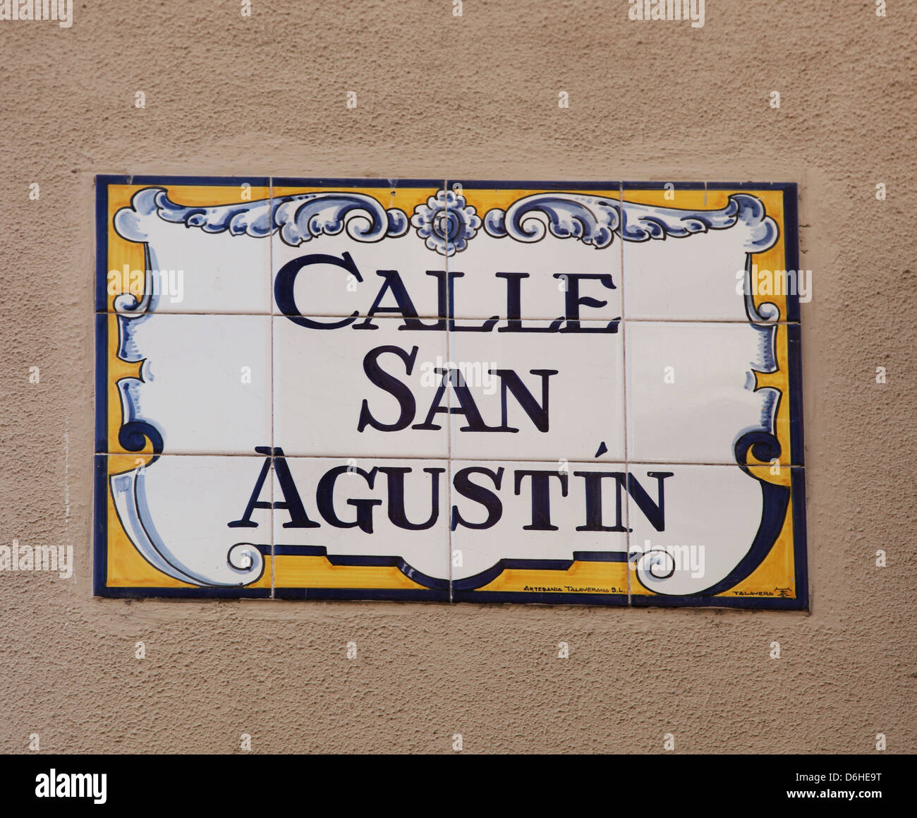 Calle San Agustin street sign by Talavera Stock Photo