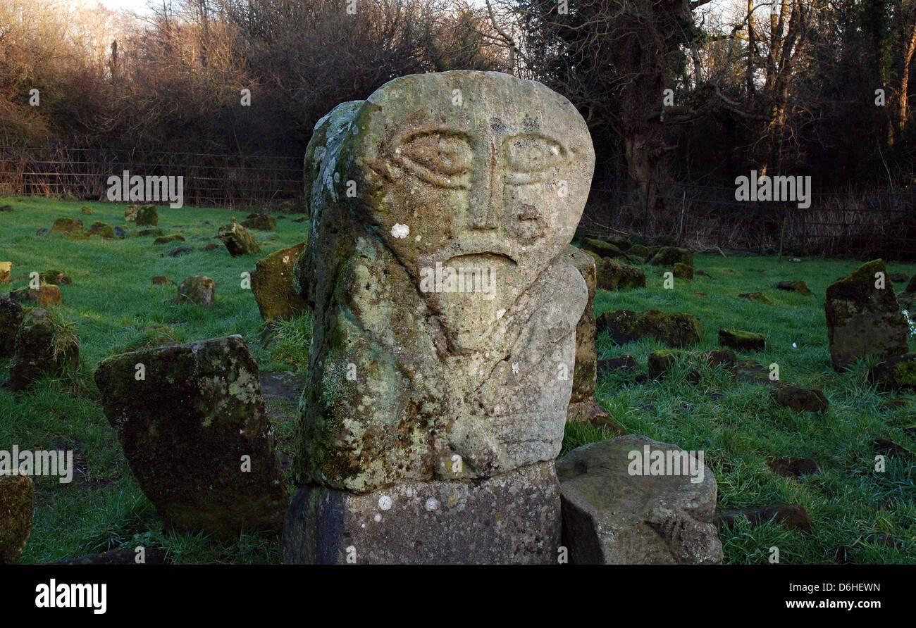 A two faced Celtic figure, Janus Stone, Caldragh graveyard, Boa Island, Lower Lough Erne, County Fermanagh, Northern Ireland Stock Photo