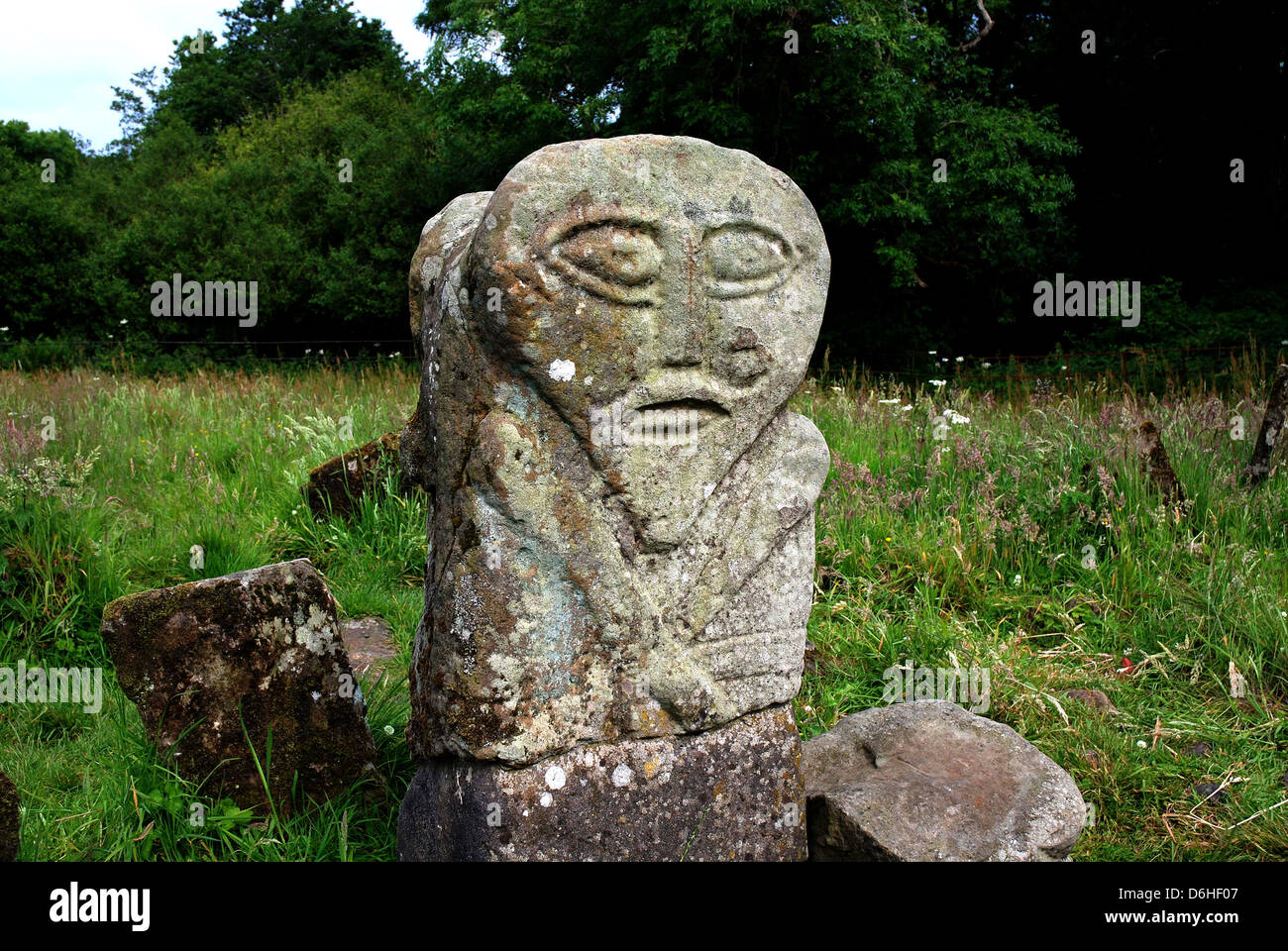 A two faced Celtic figure, Janus Stone, Caldragh graveyard, Boa Island, Lower Lough Erne, County Fermanagh, Northern Ireland Stock Photo