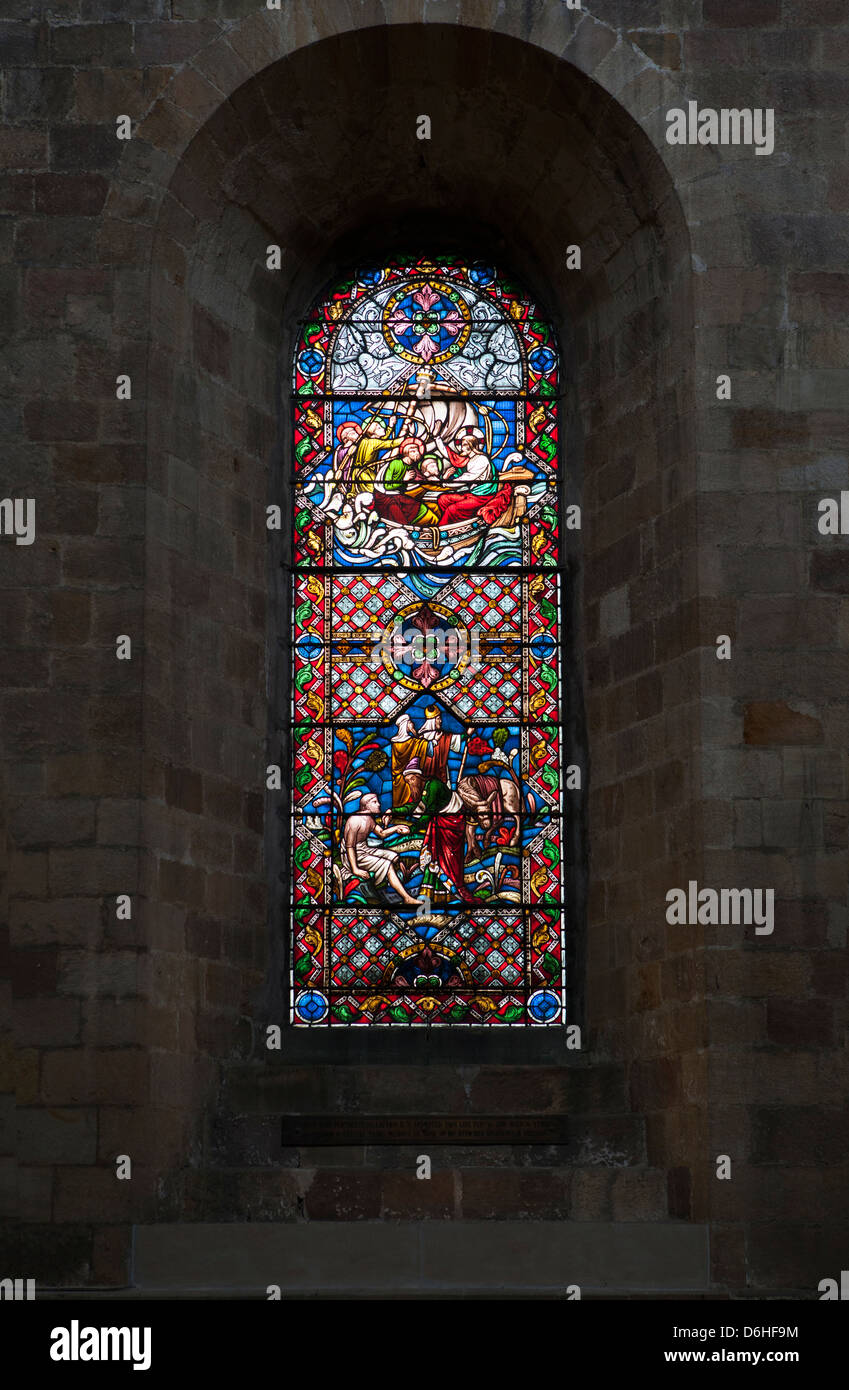 Interior of Ripon Cathedral showing stained glass in the Nave Stock Photo