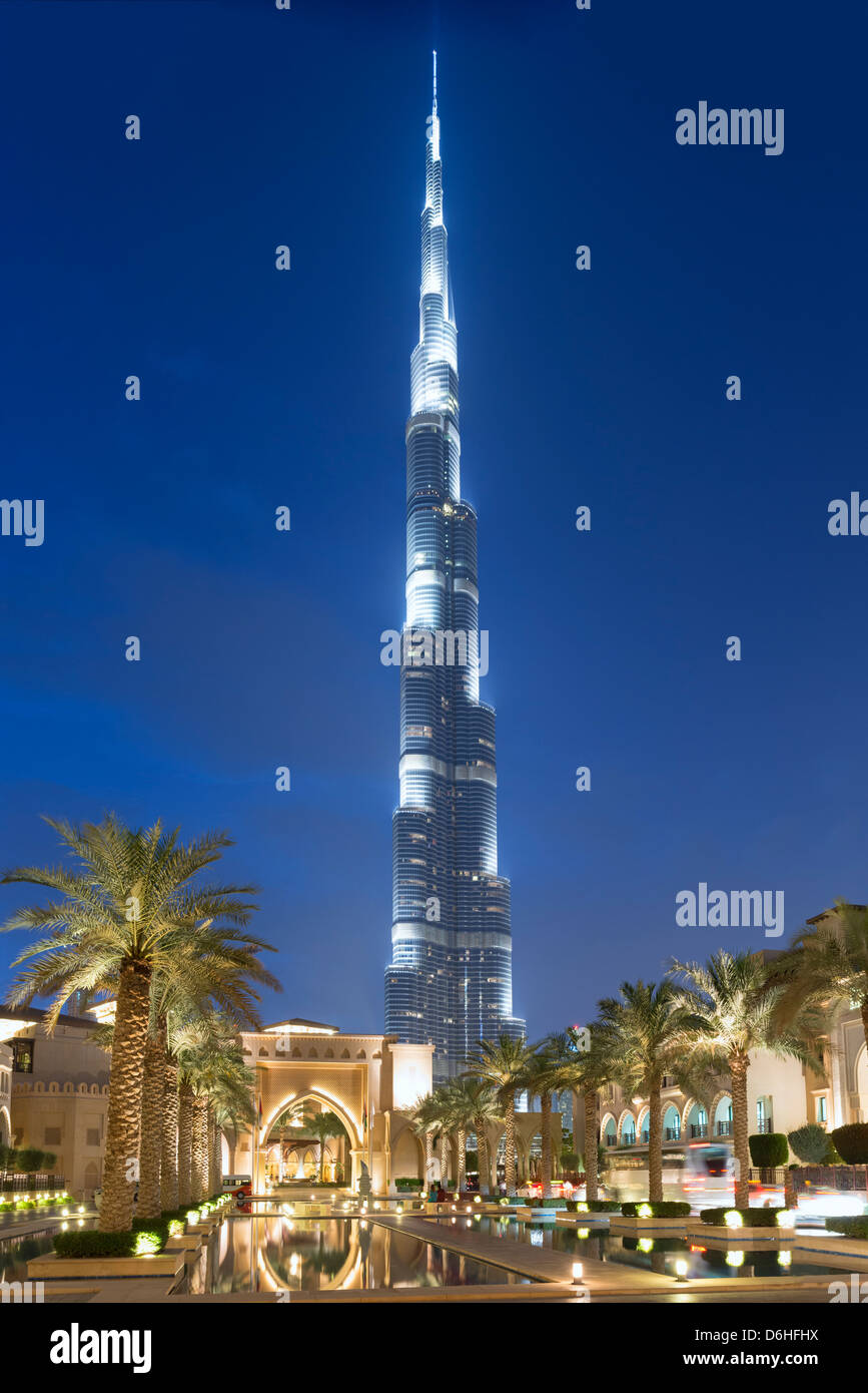 Night view of Burj Khalifa Tower from Palace Hotel in Dubai United Arab Emirates Stock Photo
