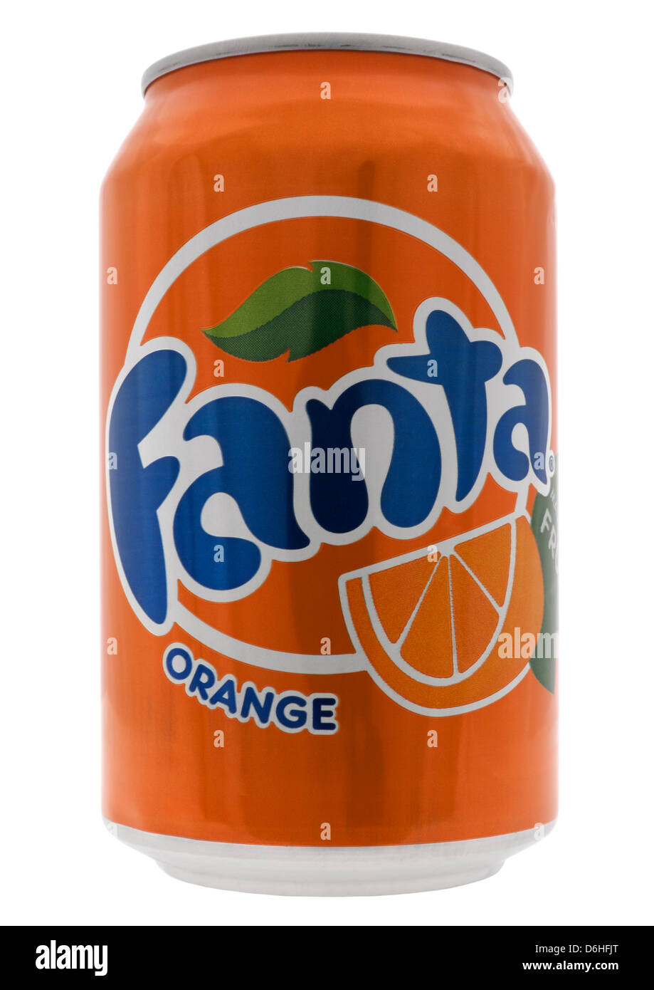 Can of orange fanta on white background Stock Photo