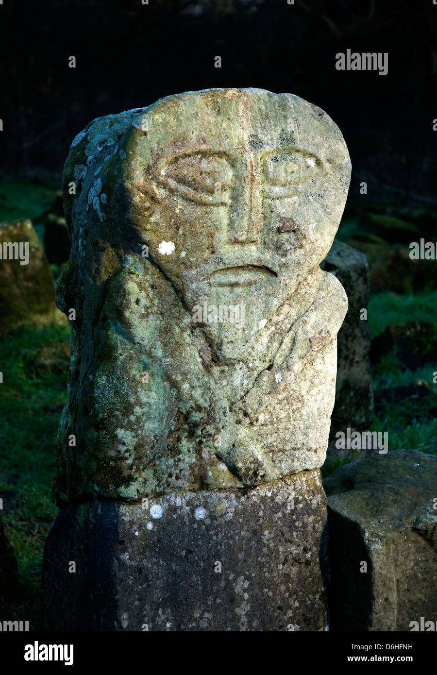 A two faced Celtic figure, Janus Stone, Caldragh graveyard, Boa Island, Lower Lough Erne, County Fermanagh, Northern Ireland Stock Photo