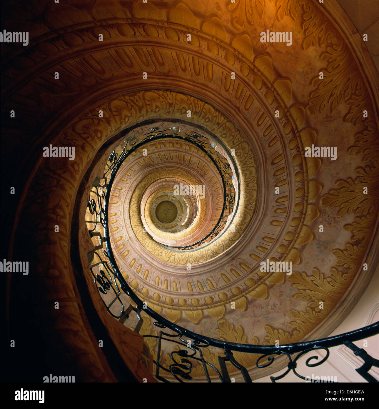 View upward of beautiful ancient spiral staircase in 10th Century Abbey, Melk, Austria Stock Photo