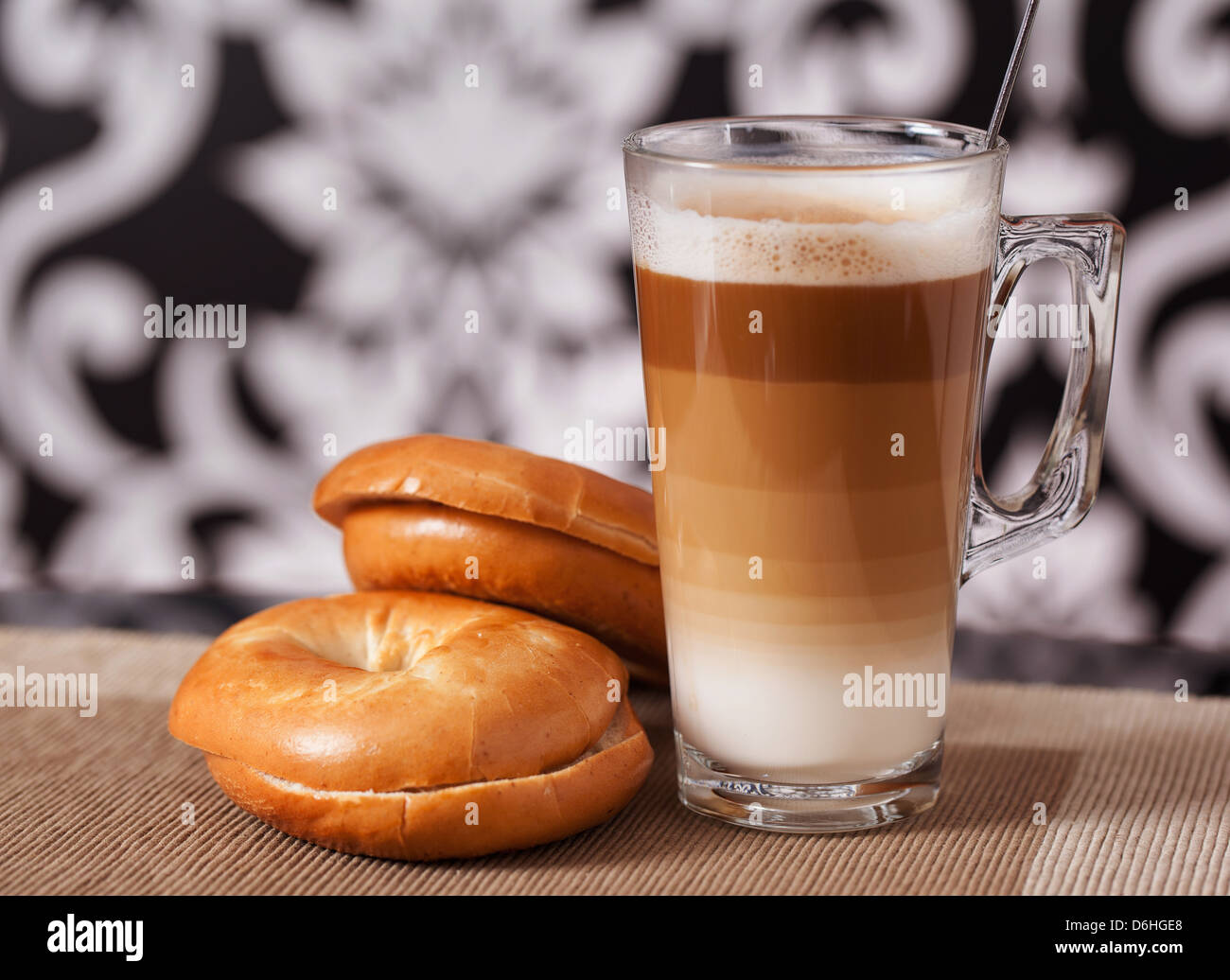 Latte and Bagels, coffee breakfast Stock Photo
