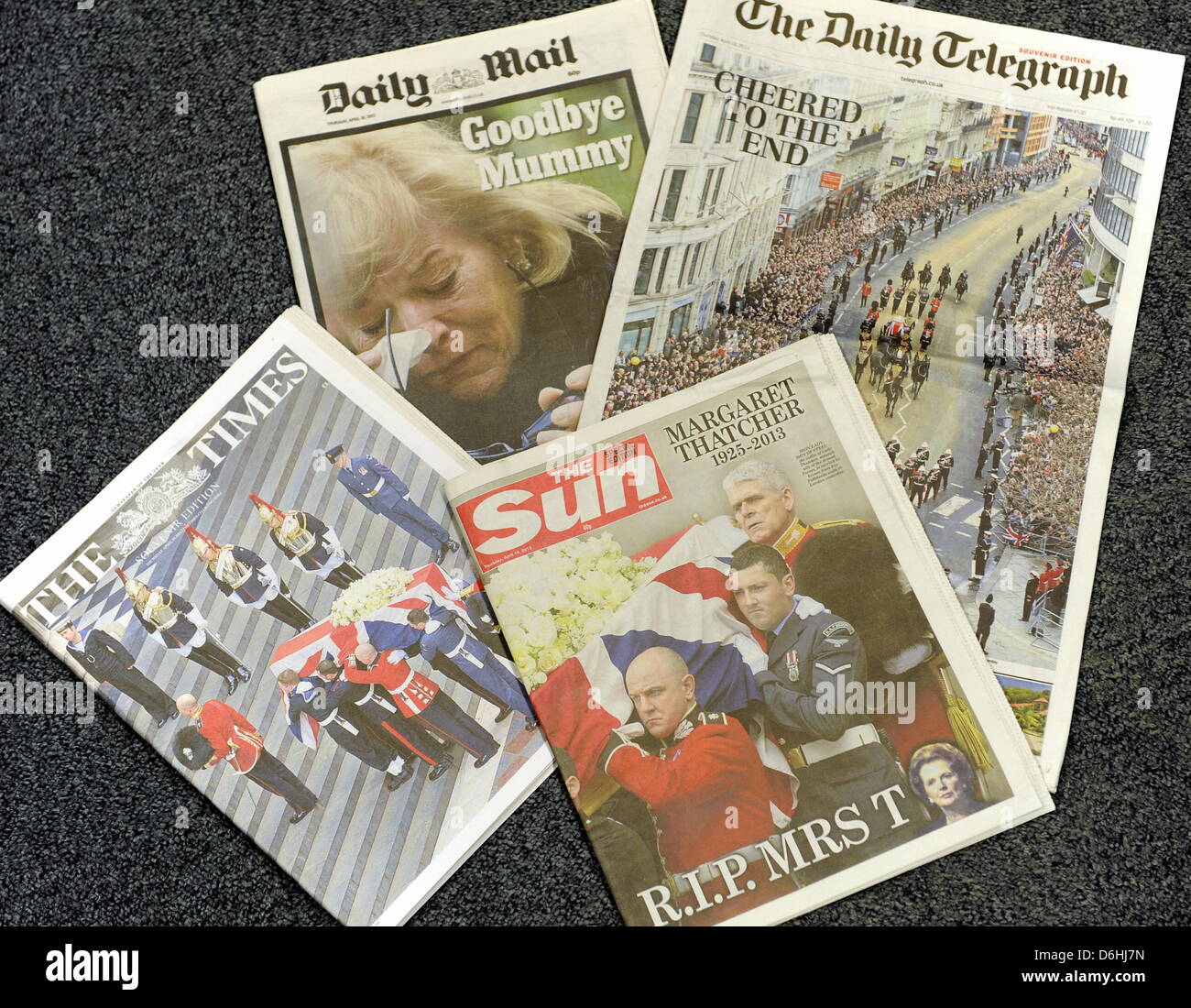 The front pages of National newspapers on Thursday 18th April 2013. The Sun, The Times, The Daily Telegraph and The Daily Mail all carrying the pictures and the story of the funeral of former Prime Minister Margaret Thatcher at St Pauls Cathedral in London on Wednesday 17th April 2013:  18 April 2013  STUART WALKER Stock Photo