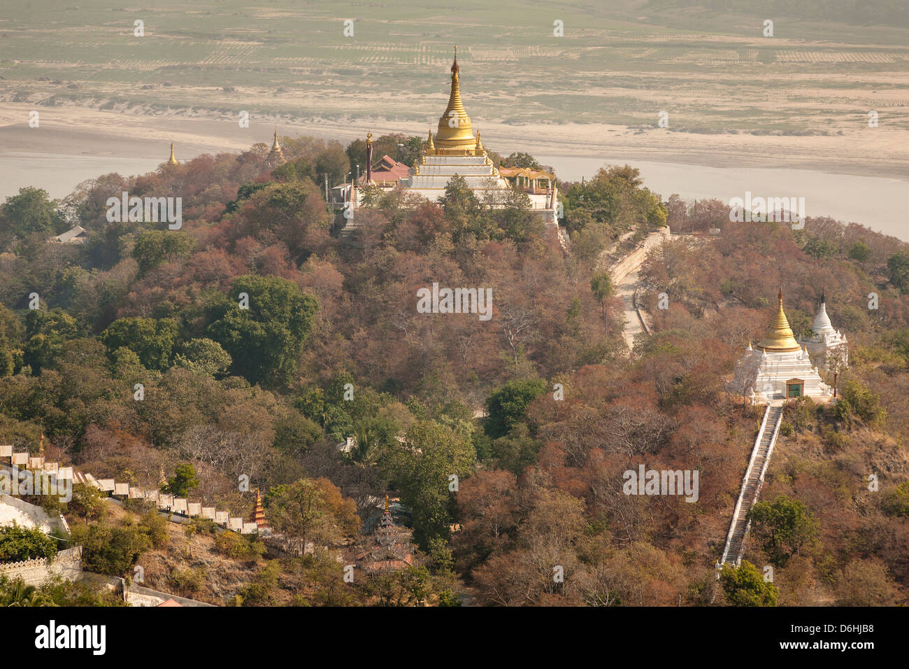 View of temples from Soon U Ponya Shin Pagoda, Sagaing Hill, Sagaing, near Mandalay, Myanmar, (Burma) Stock Photo