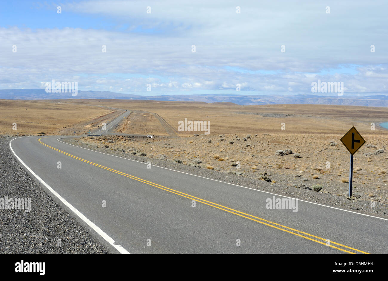 The road from El Calafate to El Chalten winds across flat pampas.  El Chalten, Argentina. Stock Photo