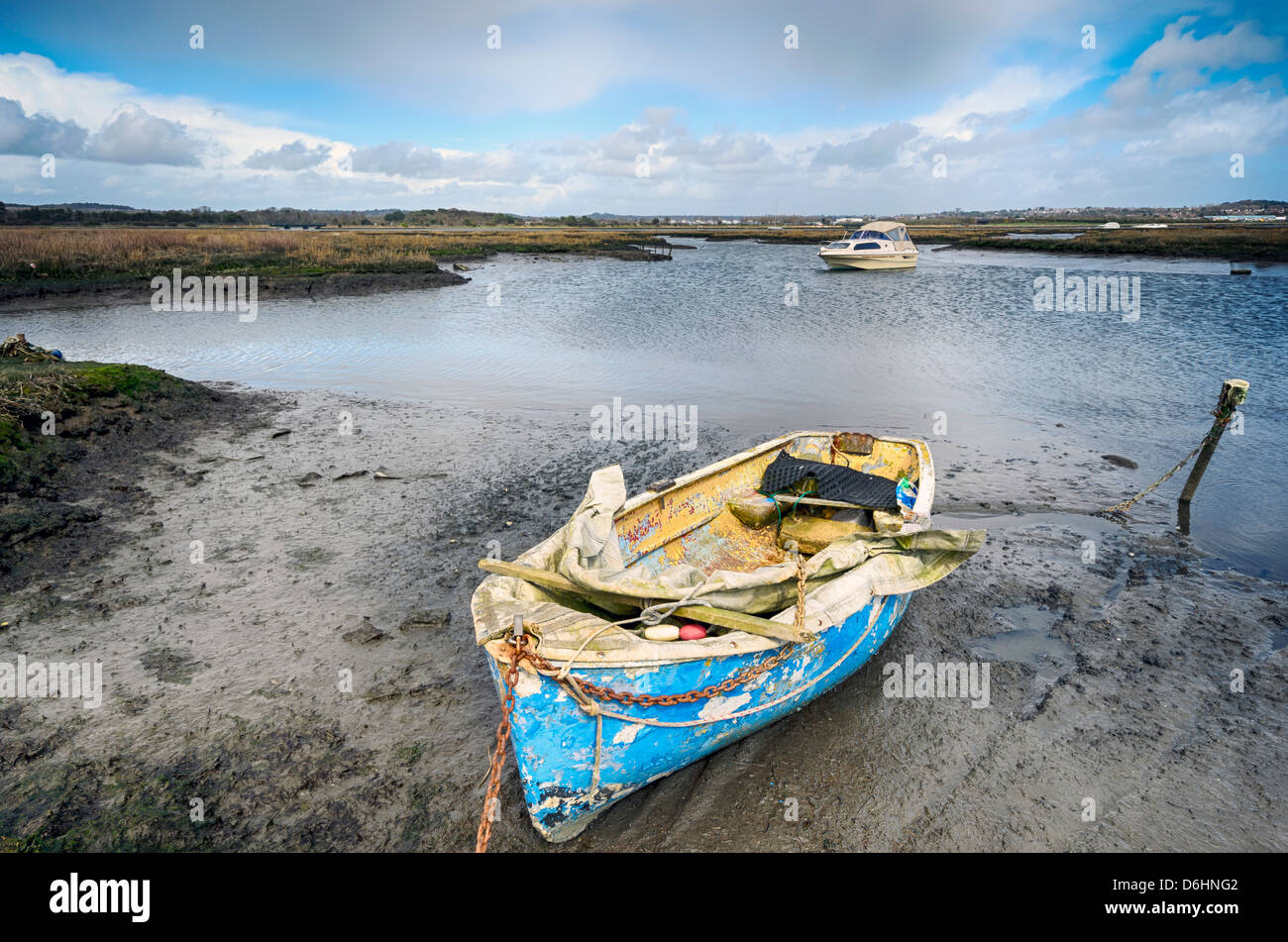 Old boat moored in Upton Lake in the back waters of Poole Harbour in ...