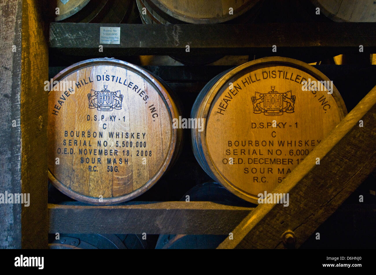 Milestone White Oak Barrels of Bourbon Whiskey Aging in a Rick House at Heaven Hill Distillery in Bardstown, Kentucky Stock Photo
