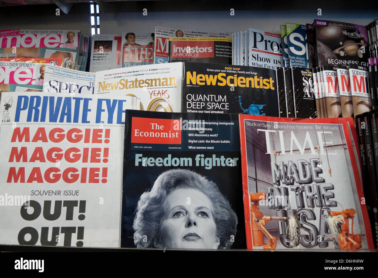 Mrs. Thatcher portrait on the cover of The Economist Magazine and Private Eye's Souvenir Issue on a W.H. Smith newsstand in the week of her funeral18 April 2013 Great Britain London .UK Stock Photo