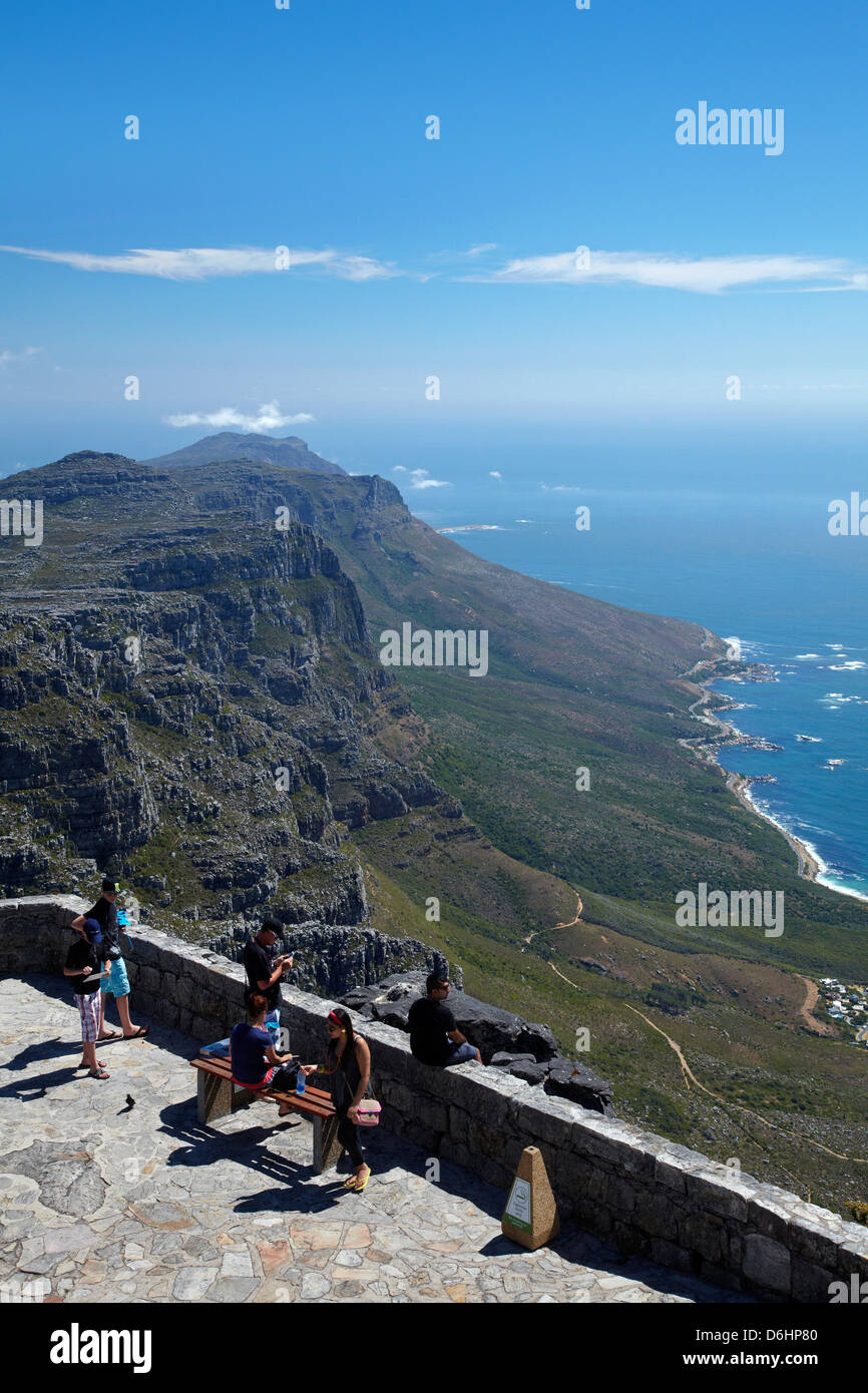 Tourists at viewpoint on Table Mountain, overlooking the Twelve Apostles and Atlantic Seaboard, Cape Town, South Africa Stock Photo