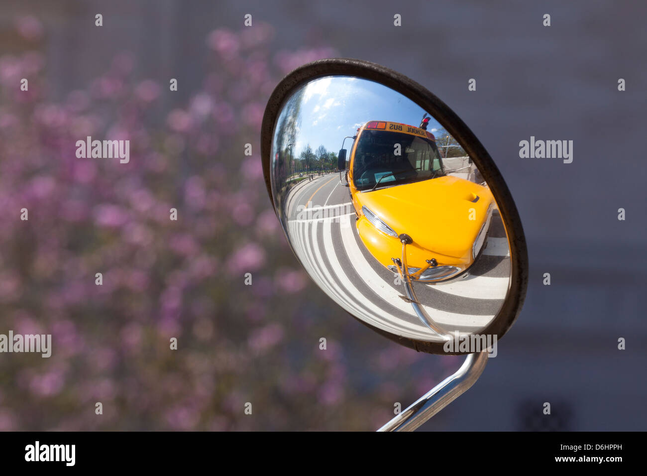 School bus reflection on convex mirror Stock Photo Alamy