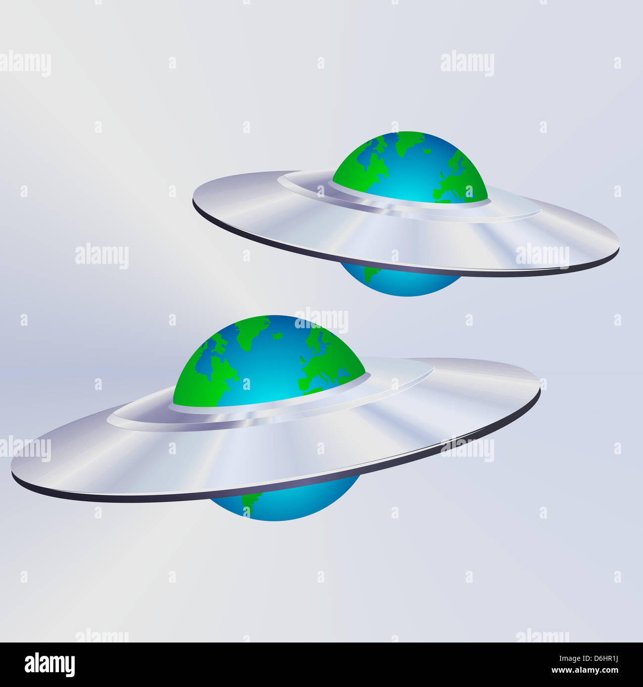 2 earth like habitable planets discovered illustrated as two alien UFO's Stock Photo