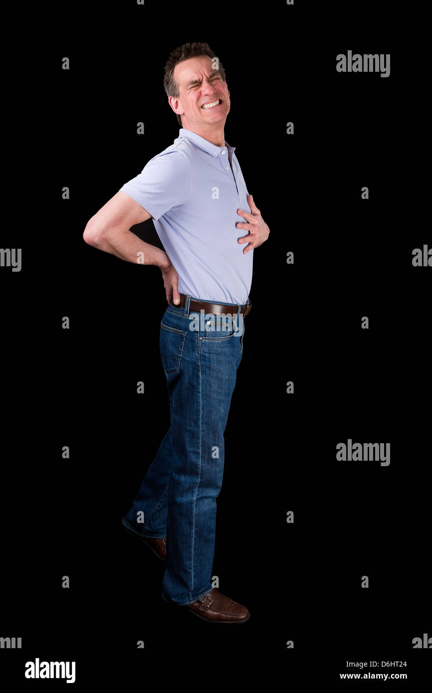 Middle Age Man Suffering Back Pain Black Background Stock Photo