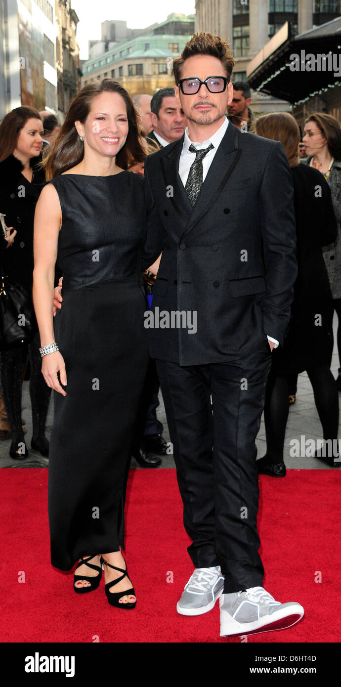 London, UK. 18th April, 2013. Susan Downey ; Robert Downey Jr ; Attends the UK Premiere of Iron Man 3 at Odeon Leicester Square London. Stock Photo