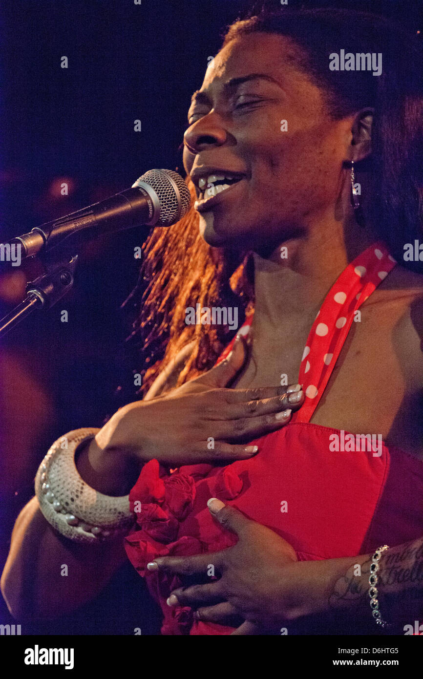 London, UK. 18 April 2013. The outstanding flamenco singer Buika, performing at the Union Chapel in Islington, part of the La Linea Festival, London.  The daughter of political refugees from Equatorial Guinea, Buika grew up in a gypsy neighbourhood in Majorca. Her album El Ultimo Trago won a Latin Grammy Award, her unforgettable, smoky voice featured in the Pedro Almodovar film The Skin I Live In, and she has recorded duets with the Portuguese fado star Mariza. This was her first headline London show since 2008. Credit: Julio Etchart/Alamy Live News Stock Photo