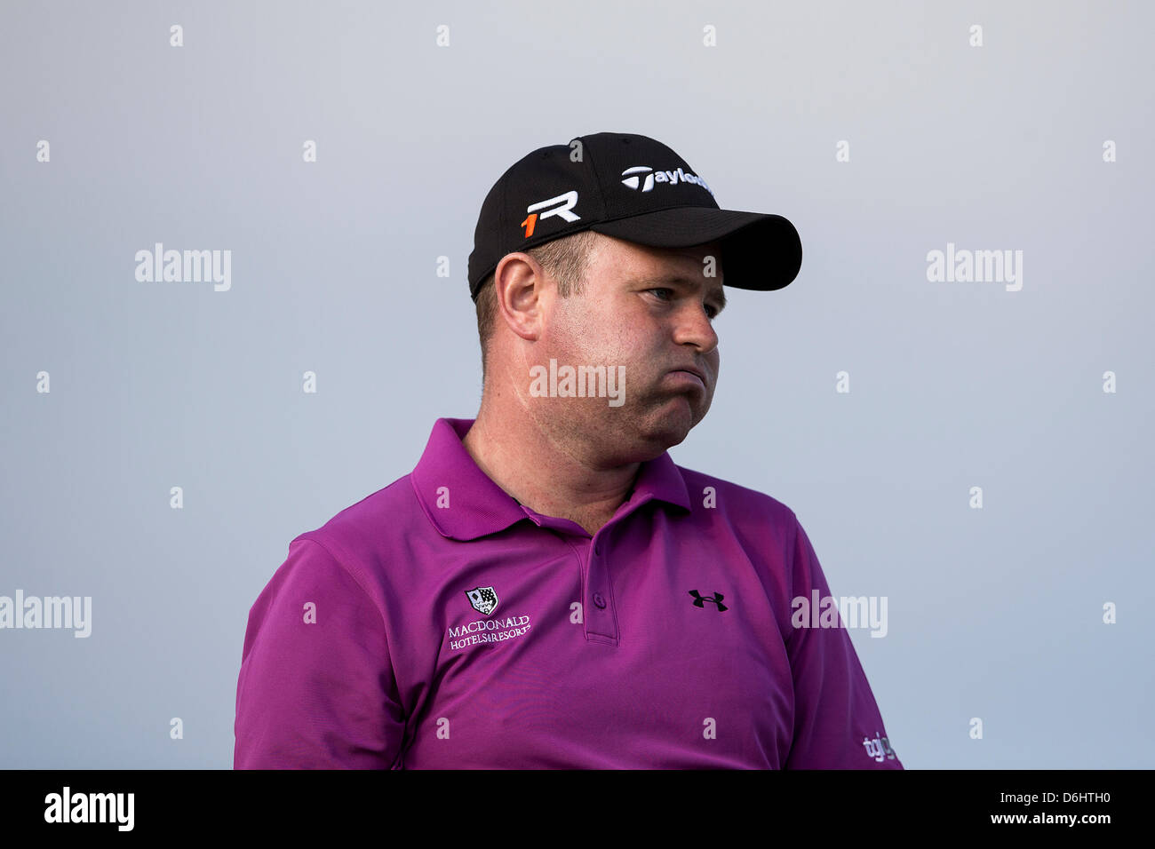 18.04.2013 Valencia, Spain. Alastair Forsyth reacts with frustration during round one of the Spanish Open from the El Saler Golf Course. Stock Photo