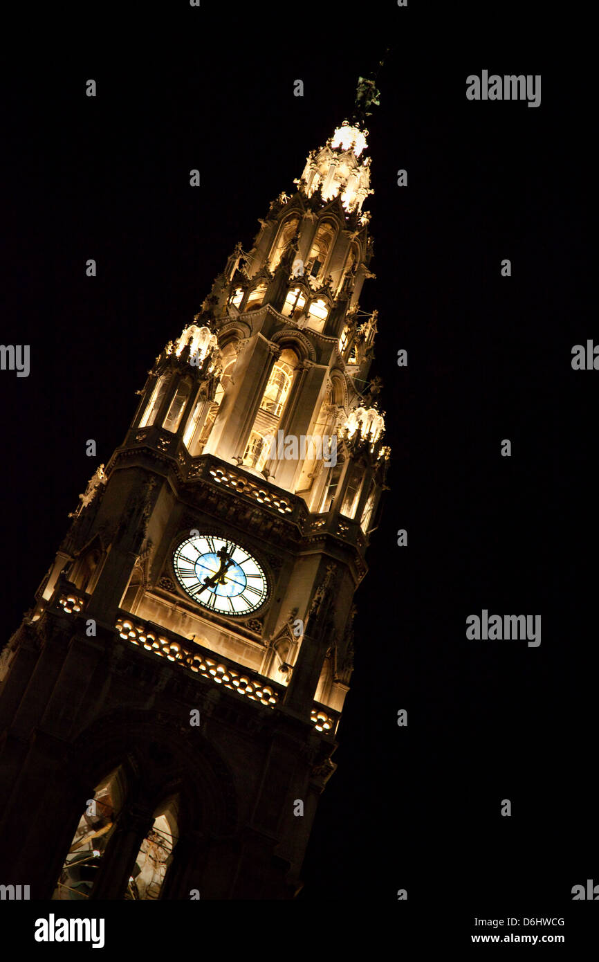 Rathaus spire, Vienna, at night Stock Photo