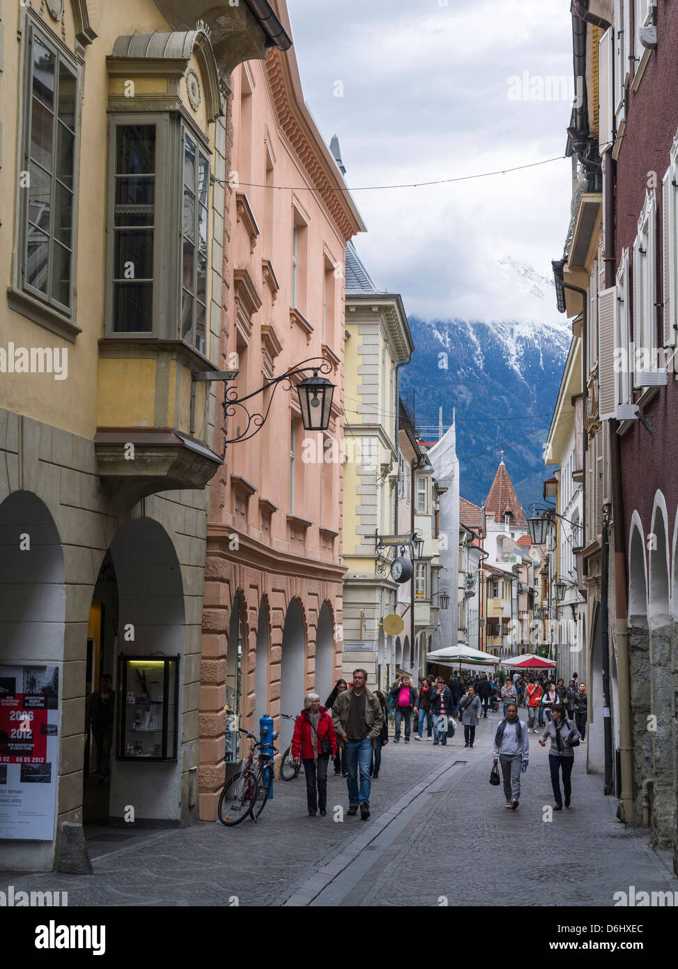 City of Meran (Merano) with the old town with pedestrians. South Tyrol, Italy. Stock Photo