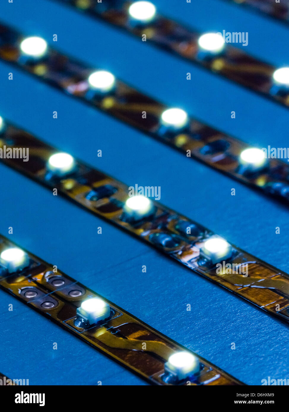 Close up of high intensity LED lighting strips illuminated with very