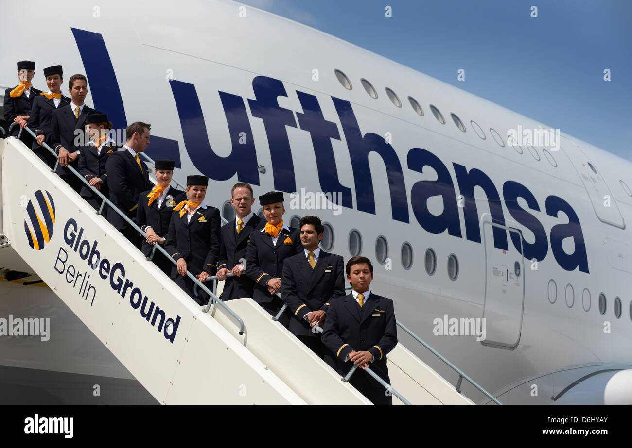 Berlin, Germany, the crew of a Lufthansa A380 on the gangway on the Berlin-Tegel Airport Stock Photo