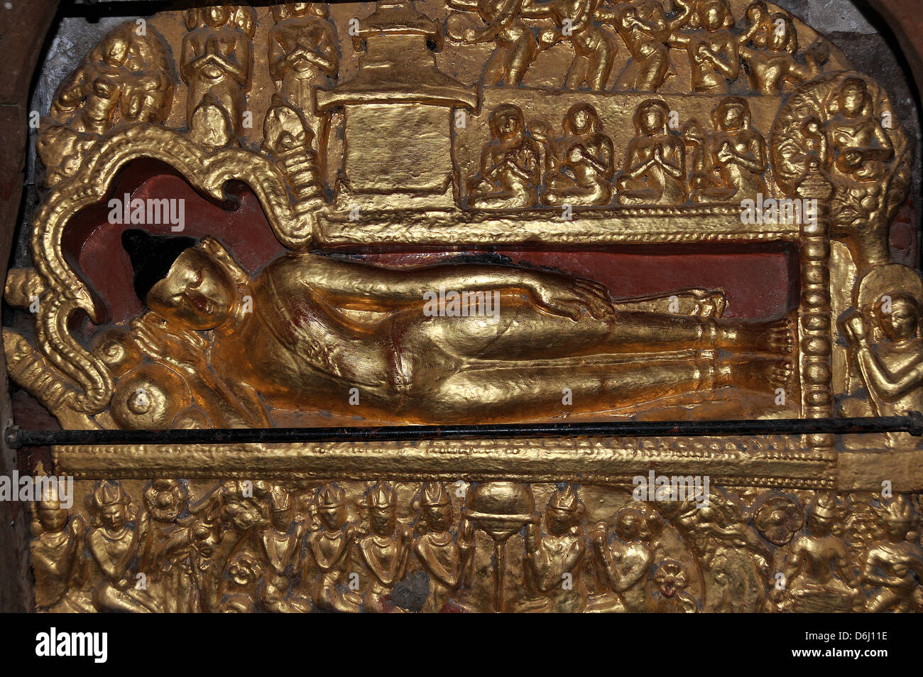 sleeping golden buddha statue, Ananda Phaya temple,  Bagan,  Myanmar Stock Photo