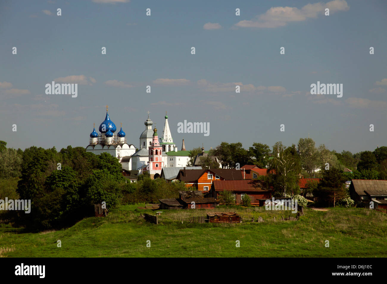 Europe, Russia, Suzdal. Landscape of Suzdal and the Cathedral of the Nativity in distance. Stock Photo